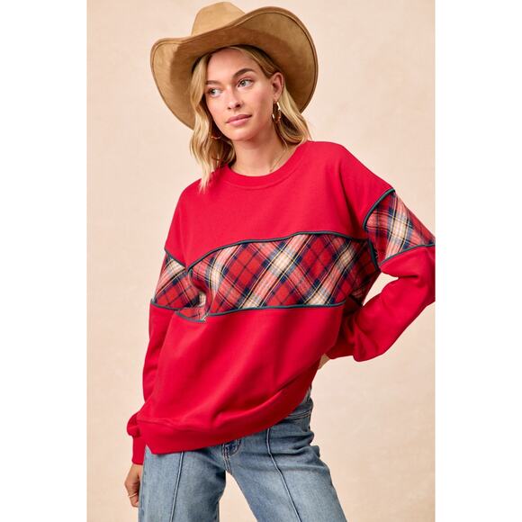 BIBI Red Black Christmas Plaid Block Sweatshirt with Binding NEW Medium - Picture 8 of 10